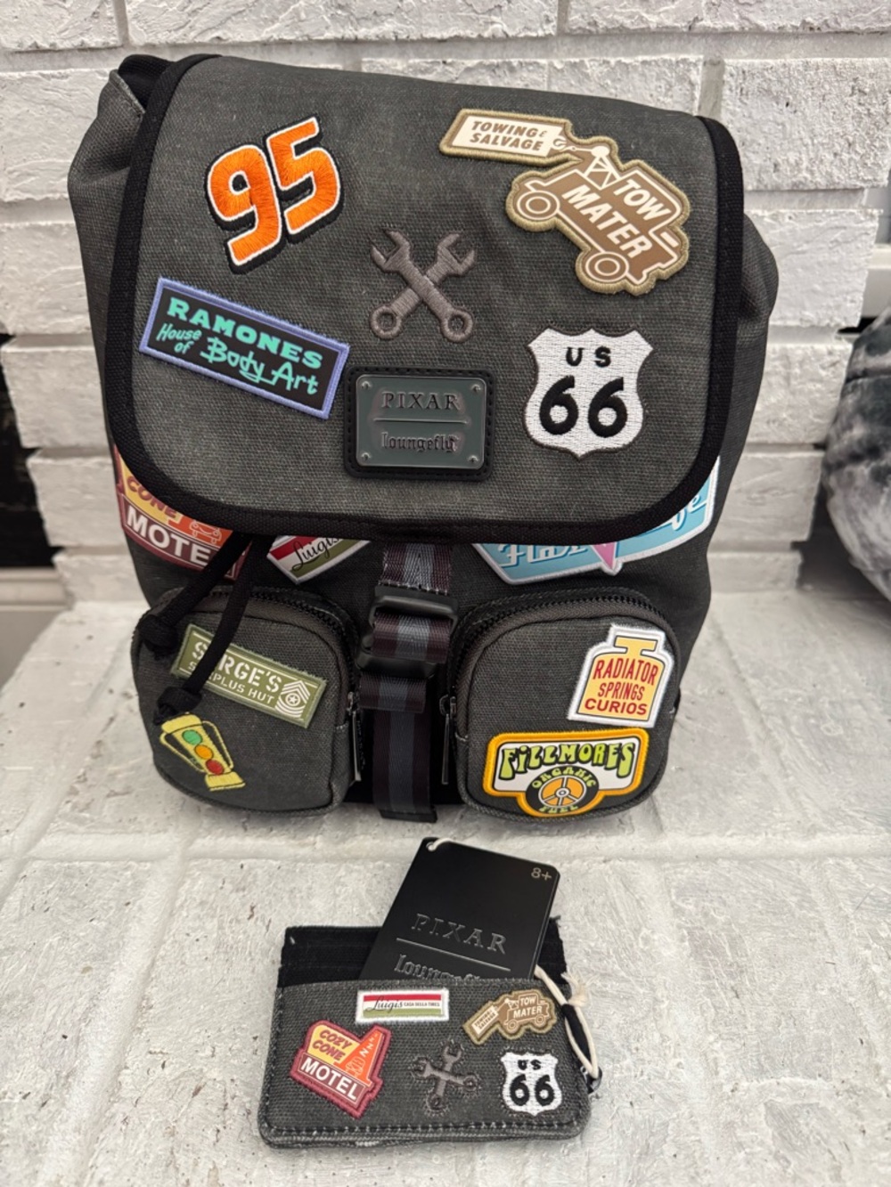 Loungefly Pixar Cars Gray Backpack with Multicolor Patches